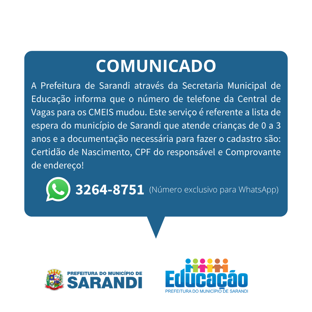 Novo número de telefone Central de Vagas para CMEIS